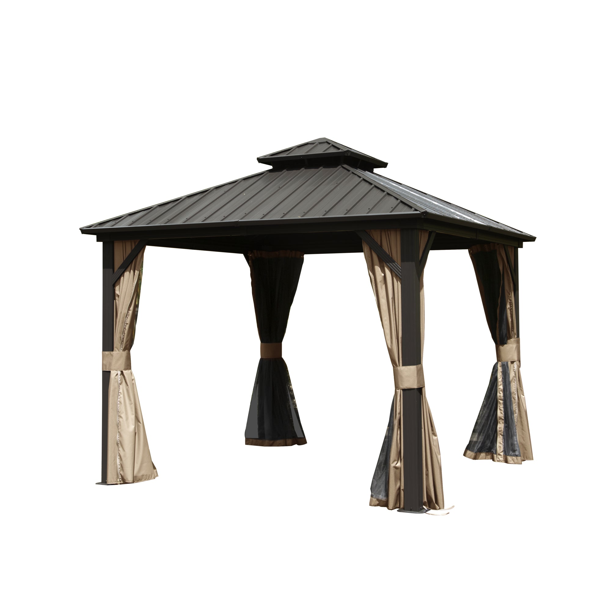 10x10 ft Hardtop Gazebo with Double Roof, Curtains & Netting – Aluminum, Brown