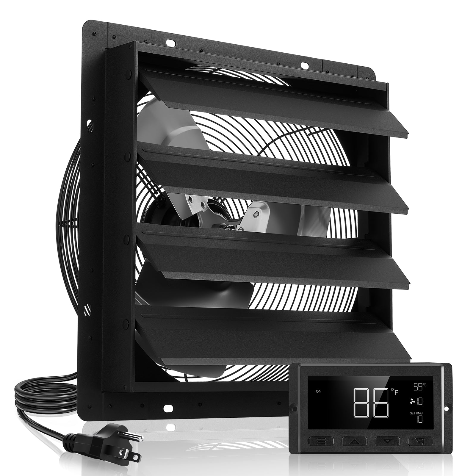 16" Shutter Exhaust Fan – Smart Variable Speed Temp Control, 2900 CFM, EC Motor, Timer for Shed, Garage, Greenhouse (Black)
