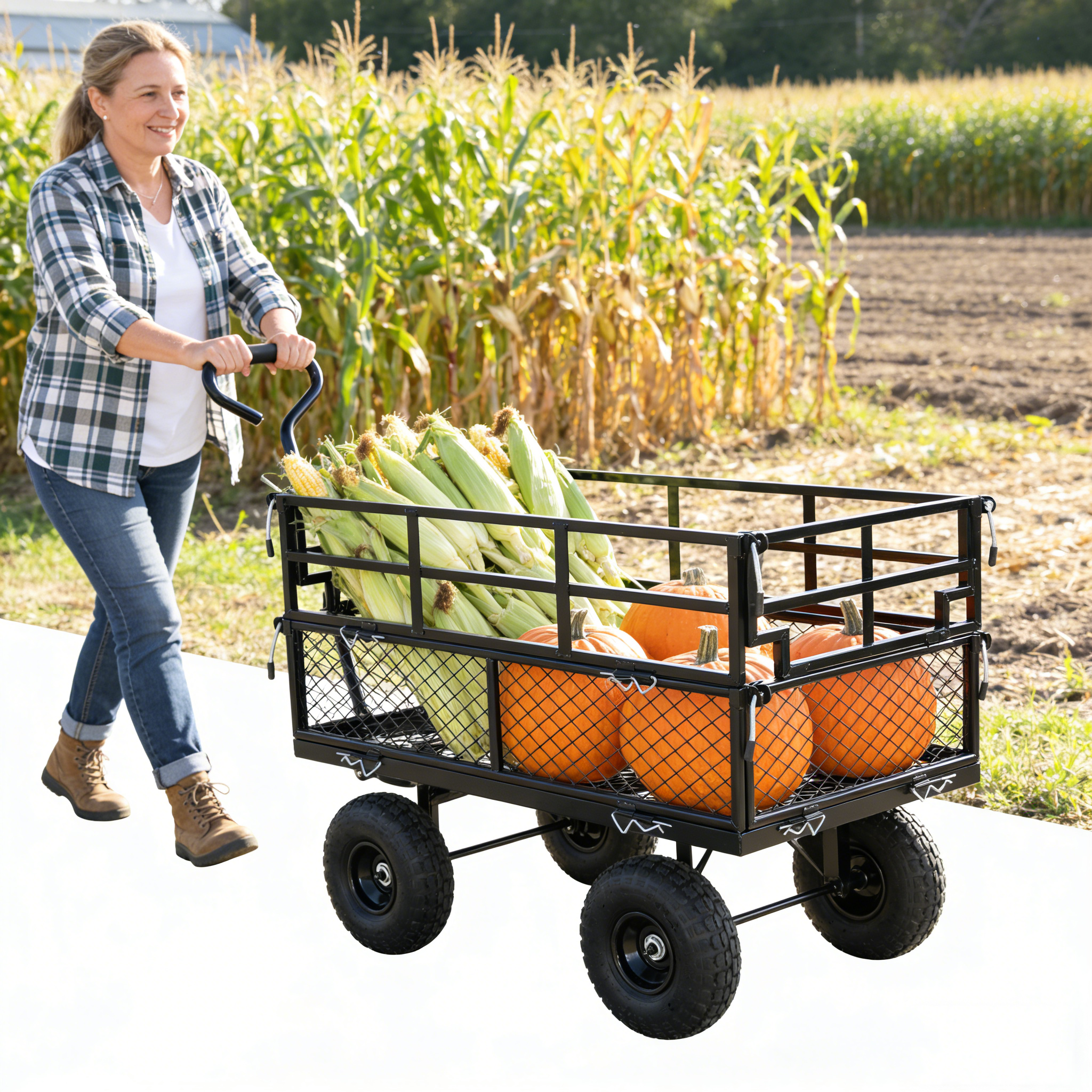 (Black double fence utility cart) Wagon Cart Garden cart trucks make it easier to transport firewood
