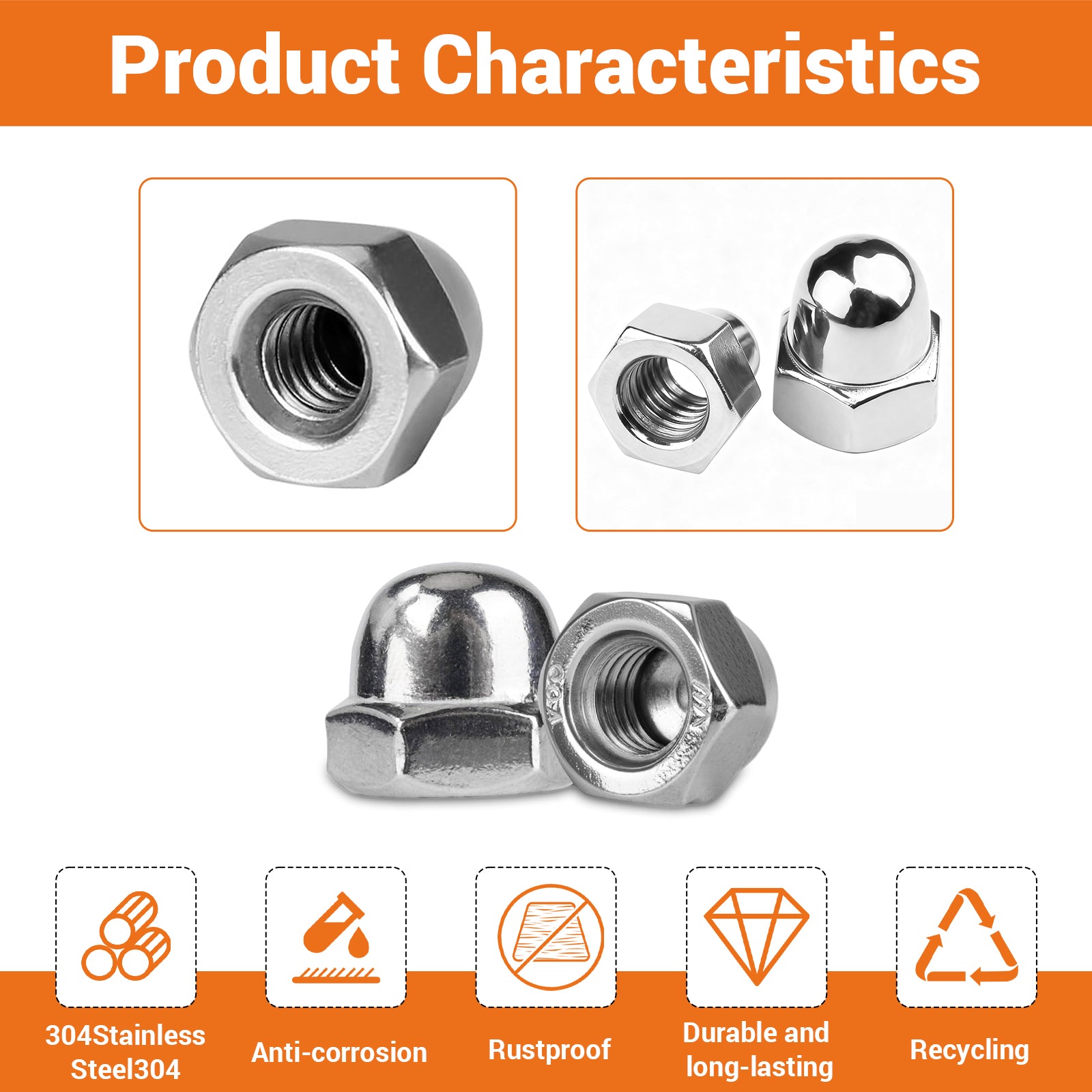 DOME NUTS TO FIT METRIC BOLTS A2 STAINLESS STEEL M3 to M12 DOMED ACORN NUT