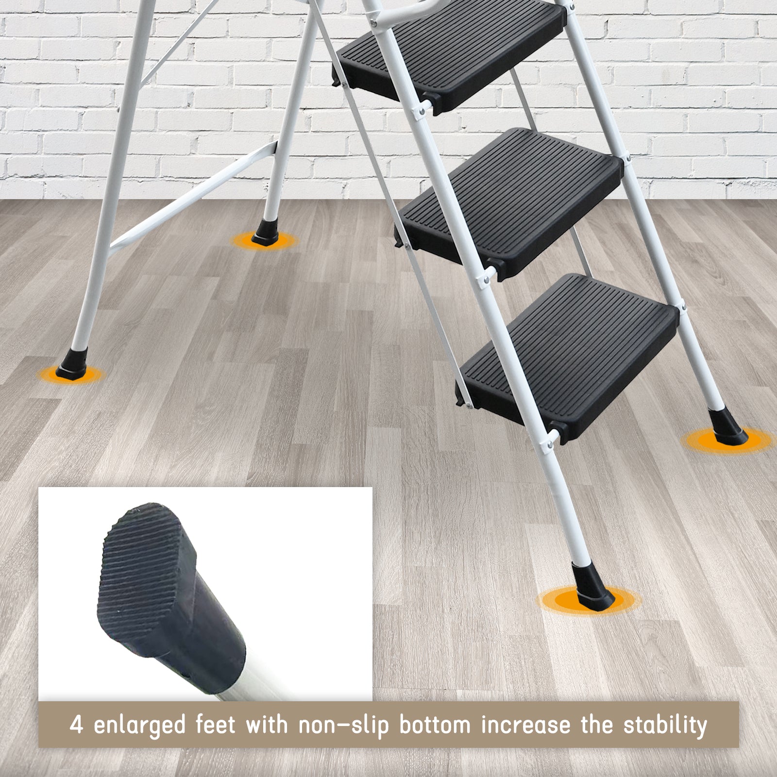 5‑Step Folding Step Stool with Handrails & Tool Tray — 330 lb Capacity, White & Black Steel, Non‑Slip Pedals