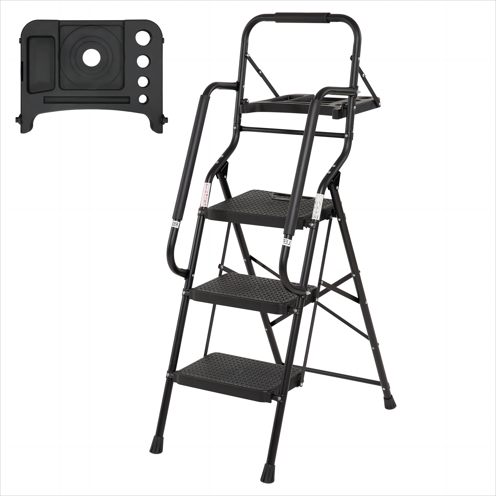 3‑Step Folding Ladder with Handrails & Tool Tray — Black Steel Frame, 330 lb Capacity, Non‑Slip Pedals