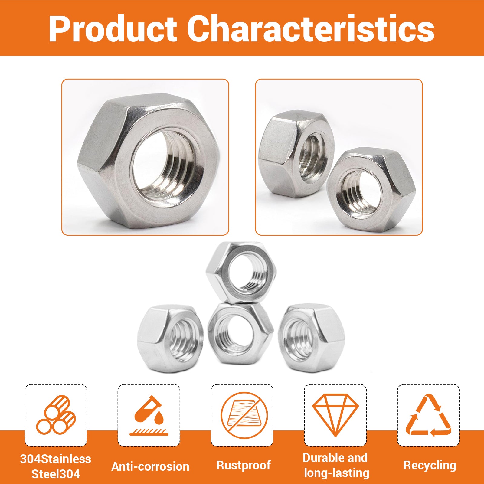 HEXAGON FULL NUTS TO FIT METRIC BOLTS A2 STAINLESS STEEL M3 M4 M5 M6 M8 M10 M12