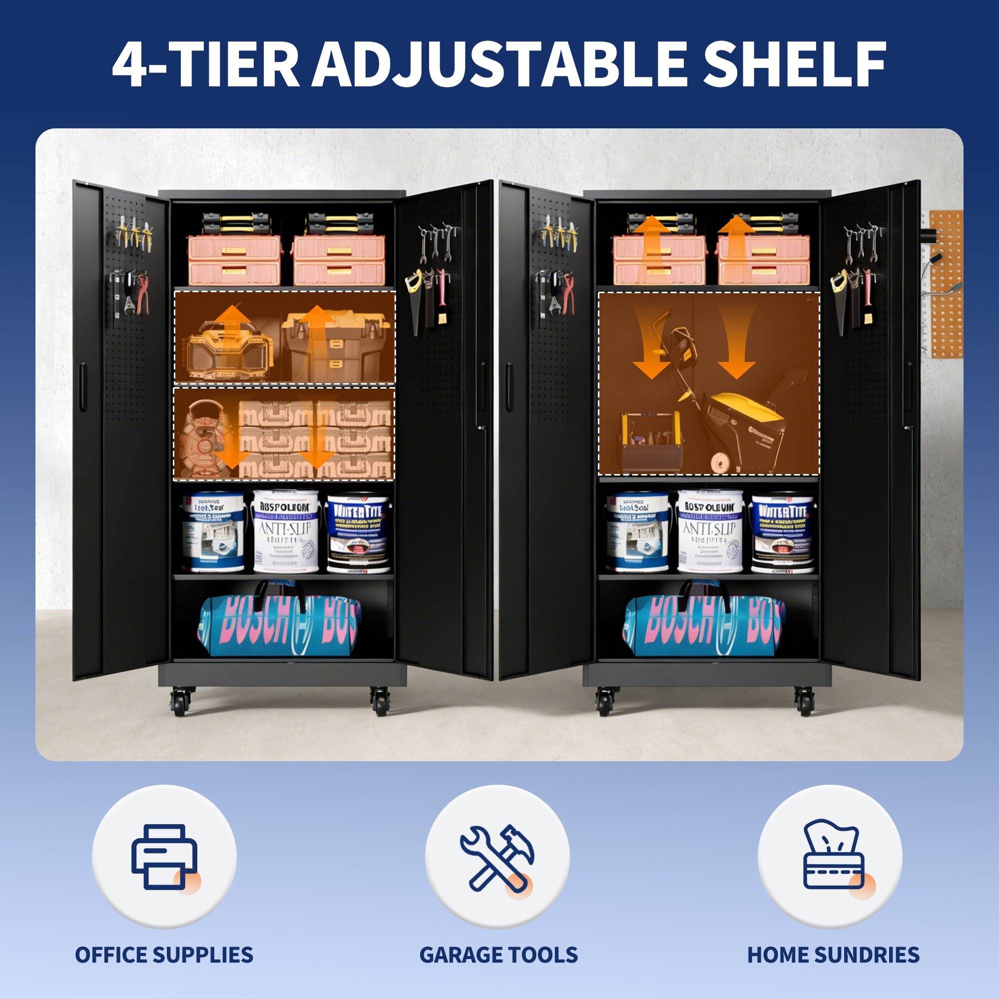 71" Lockable Metal Garage Storage Cabinet with Pegboard Doors & Wheels, 4 Adjustable Shelves, 900 lb Capacity