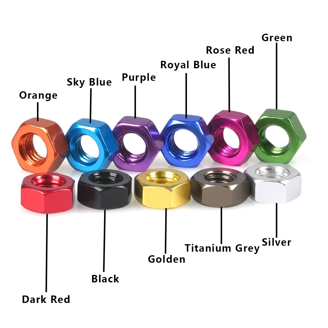 M3 M4 M5 M6 Colourful Anodised Aluminium Aluminum Hexagon Full Nuts - Hex Metric - HomeDIYer