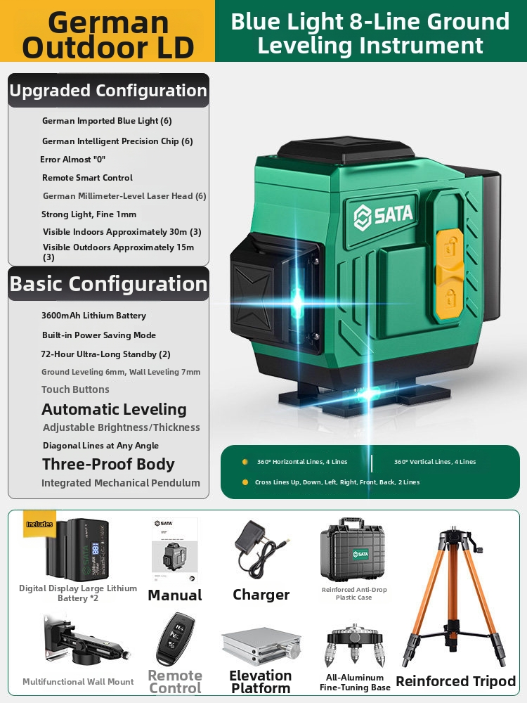 Professional Laser Level Kit – 12/16 Line Green & Blue Beam Self-Leveling with Dual Battery & Tripod