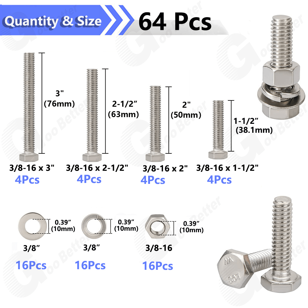 64Pcs 1/4'' - 20 Hex Head Bolts And Nut & Washer Assortment Kit 304 Stainless Steel - HomeDIYer