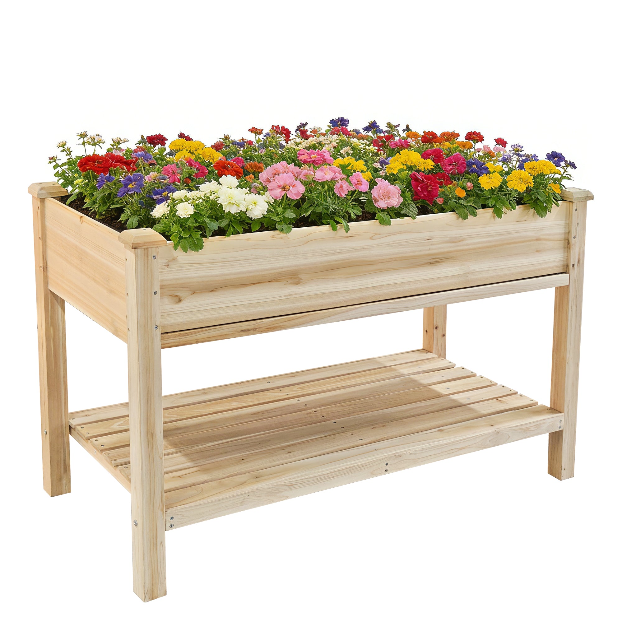 Raised Garden Bed 48x23x31.1" – Elevated Wood Planter with Water Collection Tray & Storage Shelf