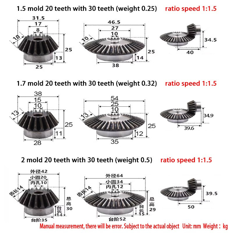 0.5/0.75/1/1.5-5 Mod Bevel Gear 12-160 Teeth Transmission Gears Bevel Teeth 90°