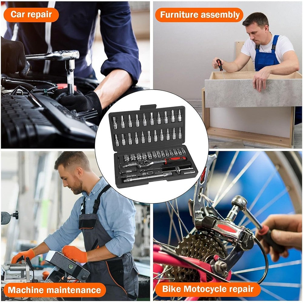 46Pcs 1/4" Drive Socket Set & Screwdriver Bits Ratchet Wrench Drill Bits Set