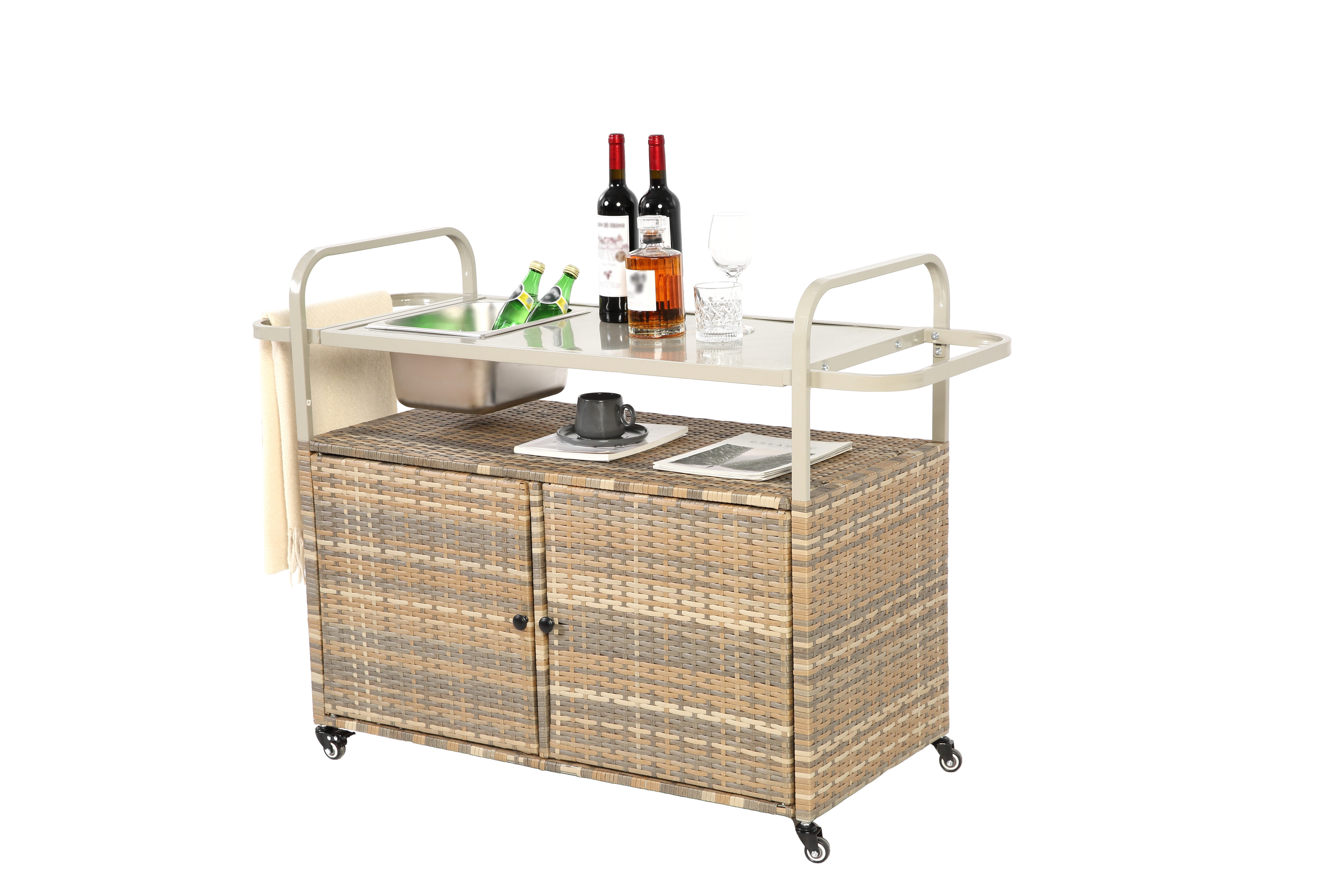 Outdoor Bar Table, Wicker Bar Cart with Cabinet, Patio Serving Cart with steel Top, with one ice bucket,Lockable Wheels, Side Basket for Garden, Poolside & Backyard, Beige