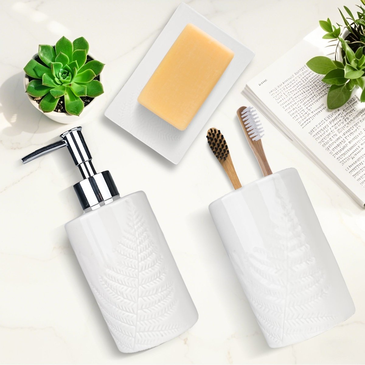 Bathroom Accessory Set, 3 Pcs Ceramic Sets with Toothbrush Holder, Soap Dispenser, Soap Dish, Modern Bathroom Sink Set Vanity Countertop Decor, White Tumbler Cup with Leaf - Look - HomeDIYer
