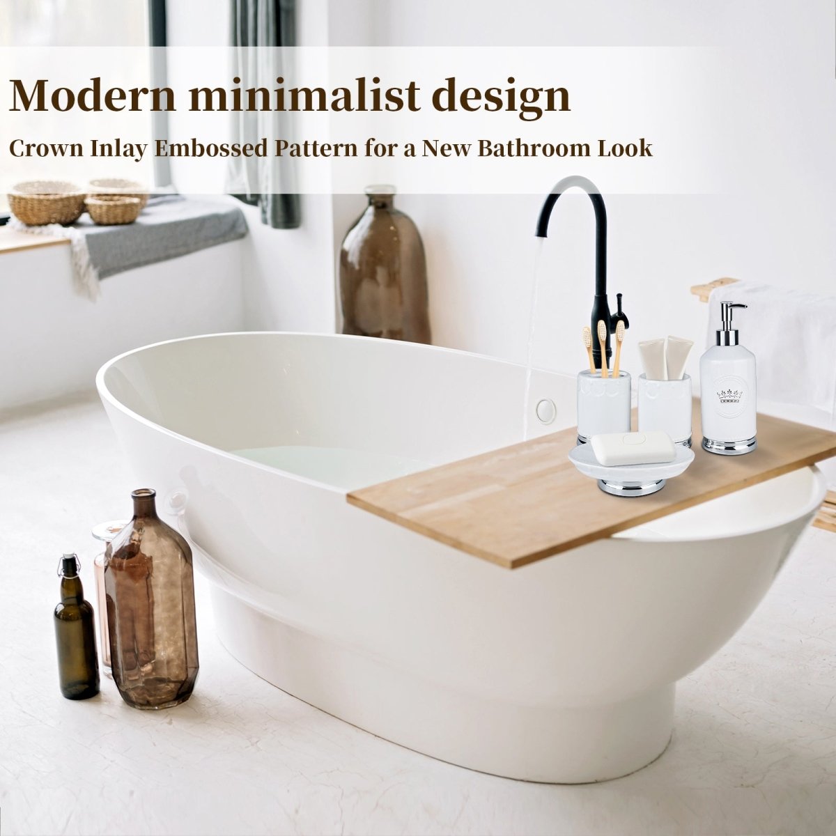 Bathroom Accessory Set, 4 Pcs Ceramic Sets with Crown Motif, Toothbrush Holder, Soap Dispenser, Soap Dish, Tumbler Cup（ White and Silver） - HomeDIYer