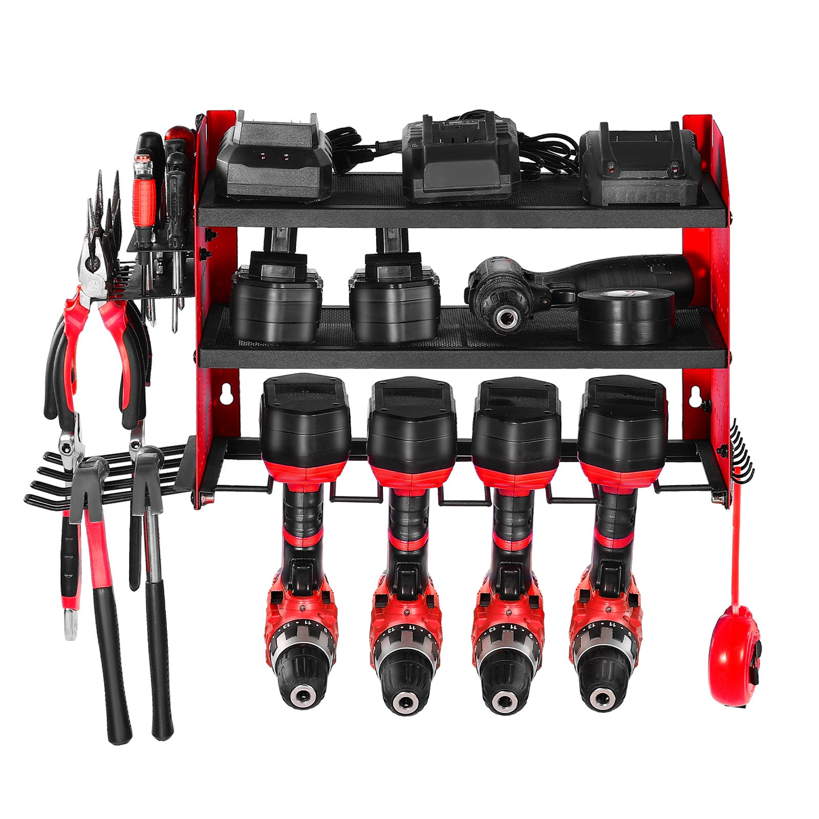 Wall Mount Power Tool Organizer, 3-Tier Rack with 4 Drill Holders & Side Pegboards, 100 lb Capacity, Q235 Steel, Red