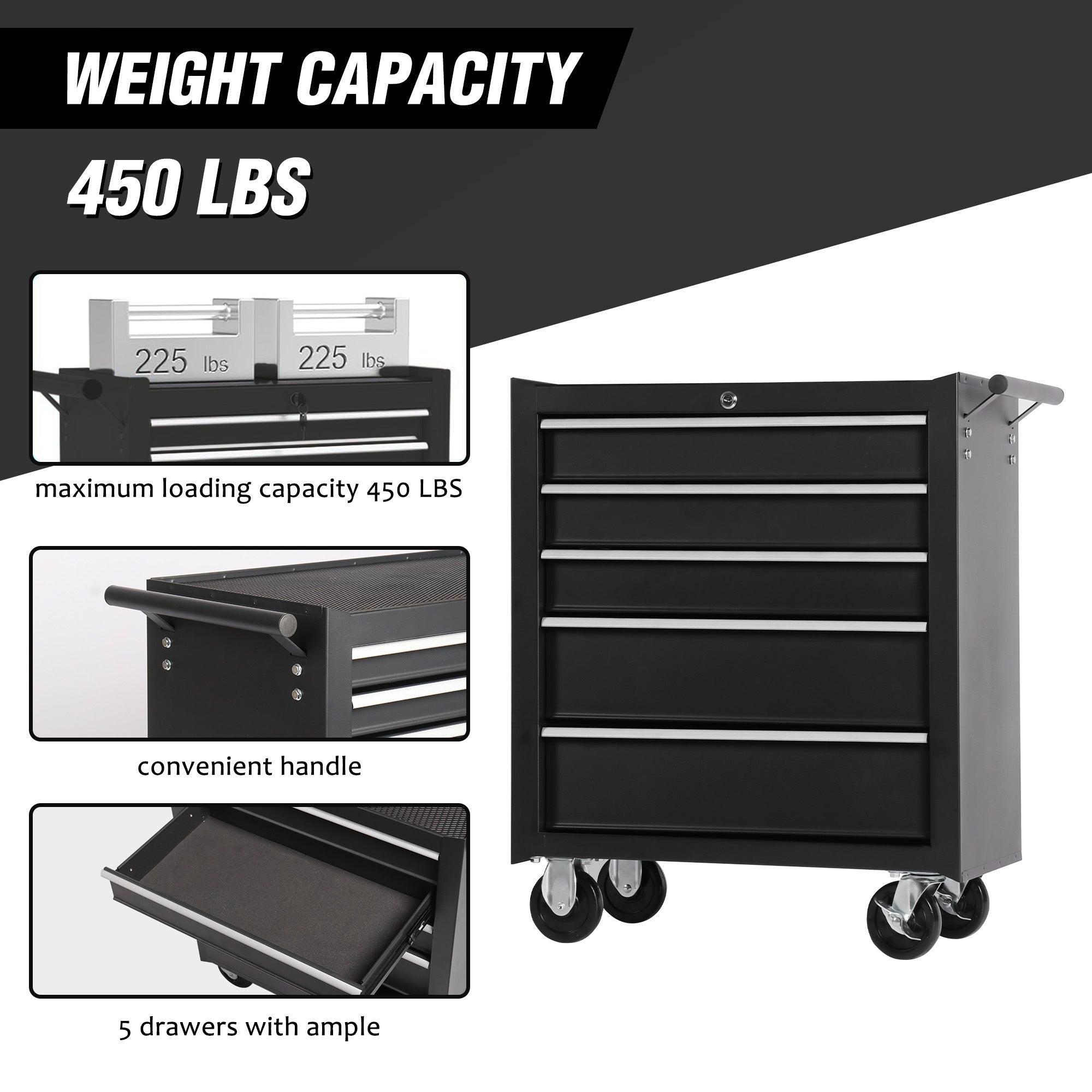 5-Drawer Rolling Tool Chest w/Lock & Key, Tool Storage Cabinet with Wheels, Top Cushion & Drawer Liners, Tool Organizer Box for Garage, Warehouse & Repair Shop