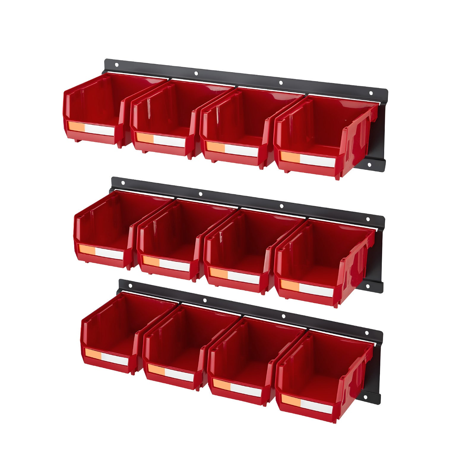 Wall Mounted Storage Bins – 12 Plastic Bins & 3 Metal Rails for Screws, Nuts, Bolts – Hardware Tool Organizer for Workshop, Craft Room, Garage (Red)