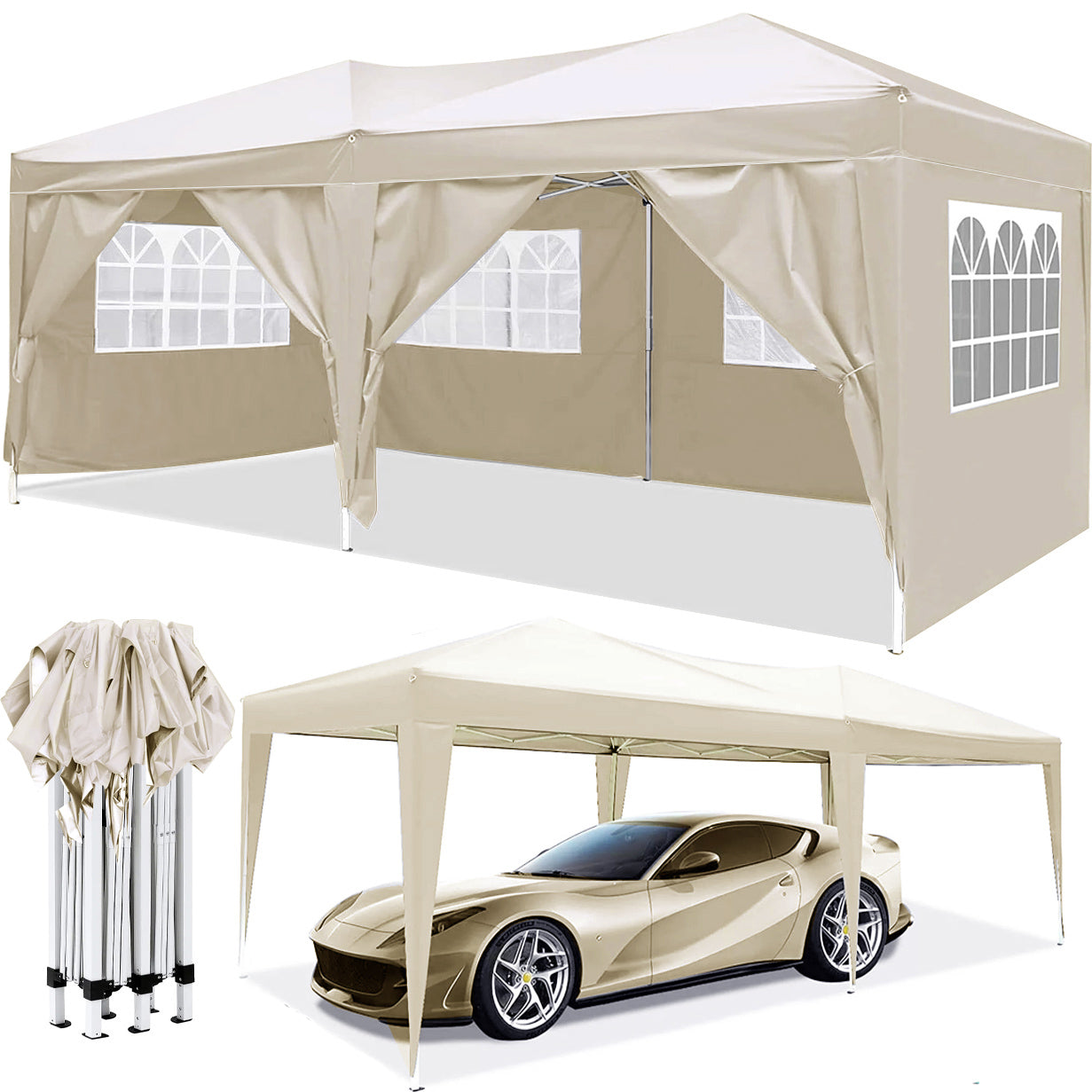 10x20 ft EZ Pop-Up Canopy Tent, 6 Removable Sidewalls, UPF 50+, 4 Weight Bags & Carry Bag – Beige