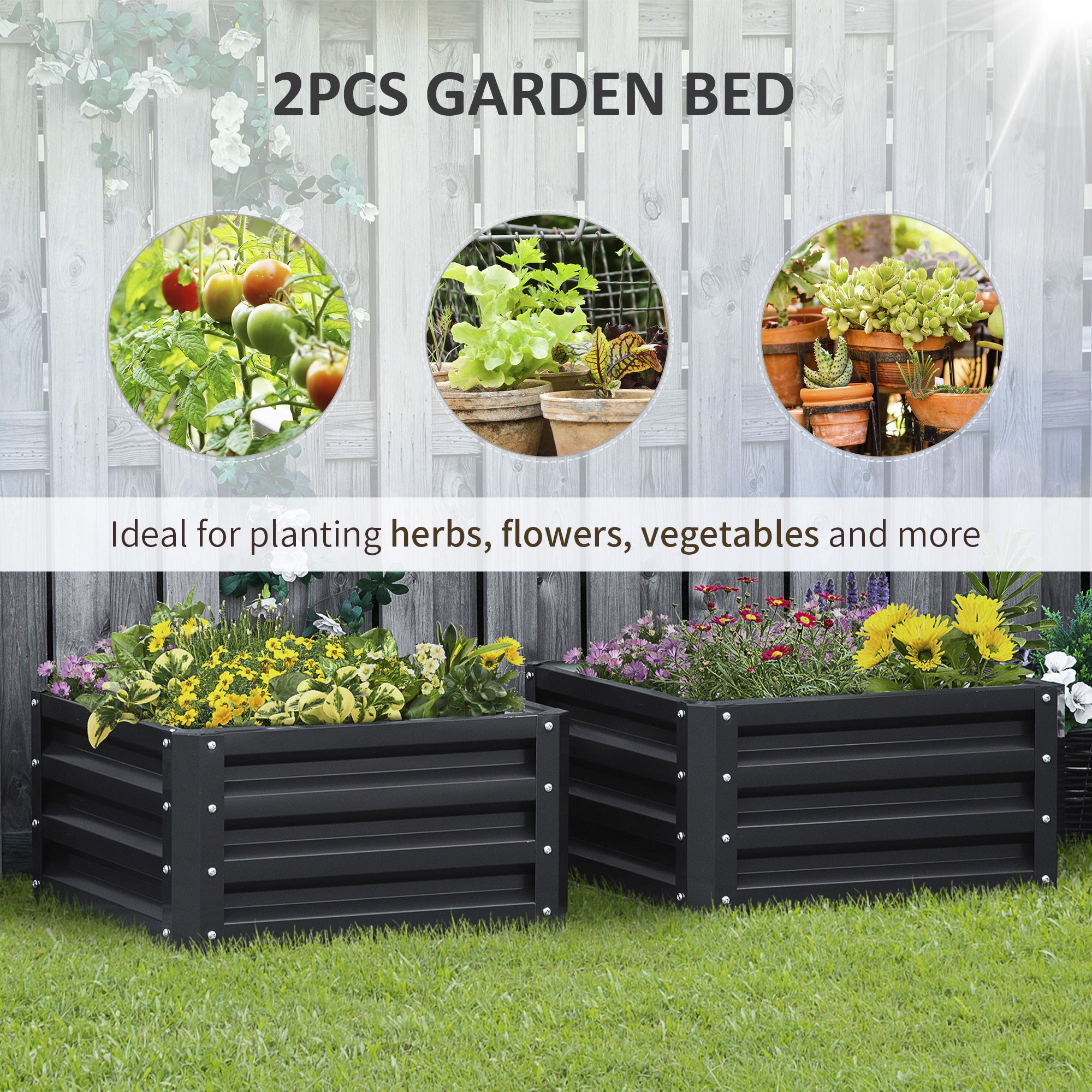 Outsunny 2 Piece Galvanized Raised Garden Bed, 2' x 2' x 1' Metal Planter Box, for Growing Vegetables, Flowers, Herbs, Succulents, Gray