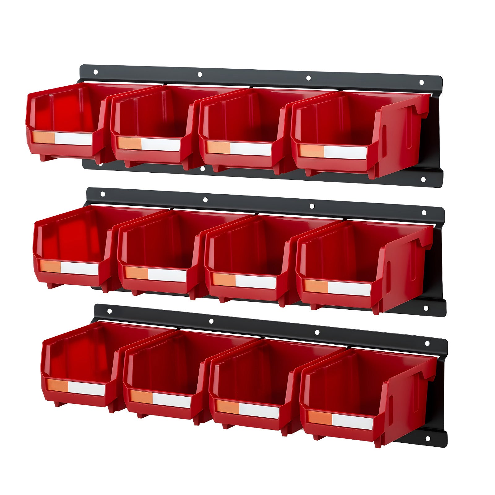 Wall Mounted Storage Bins – 12 Plastic Bins & 3 Metal Rails for Screws, Nuts, Bolts – Hardware Tool Organizer for Workshop, Craft Room, Garage (Red)
