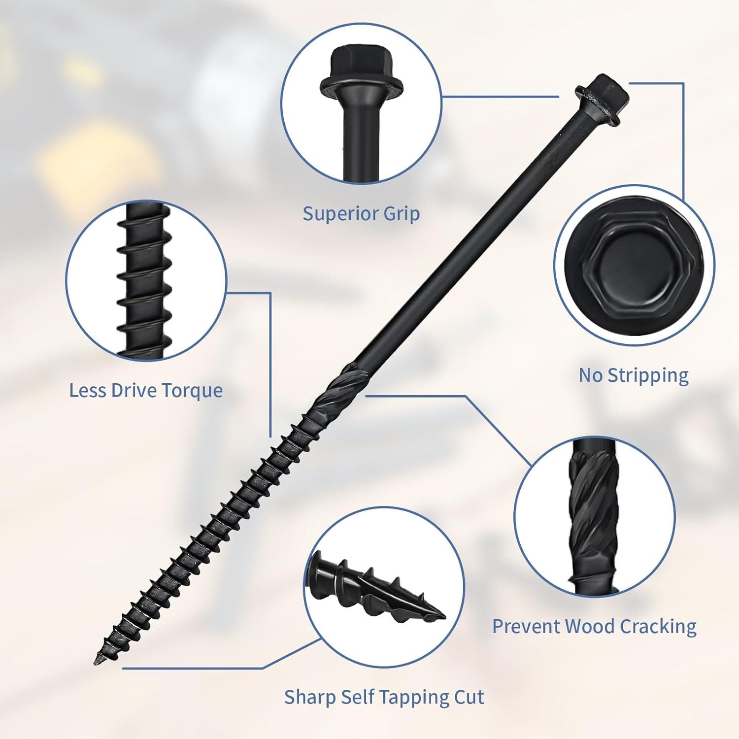 50Pcs #14 x 6" Heavy Duty Lag Screws – Structural Wood Screws, Hex Washer Head, Black Rust Resistant Coated, Hex Socket Included