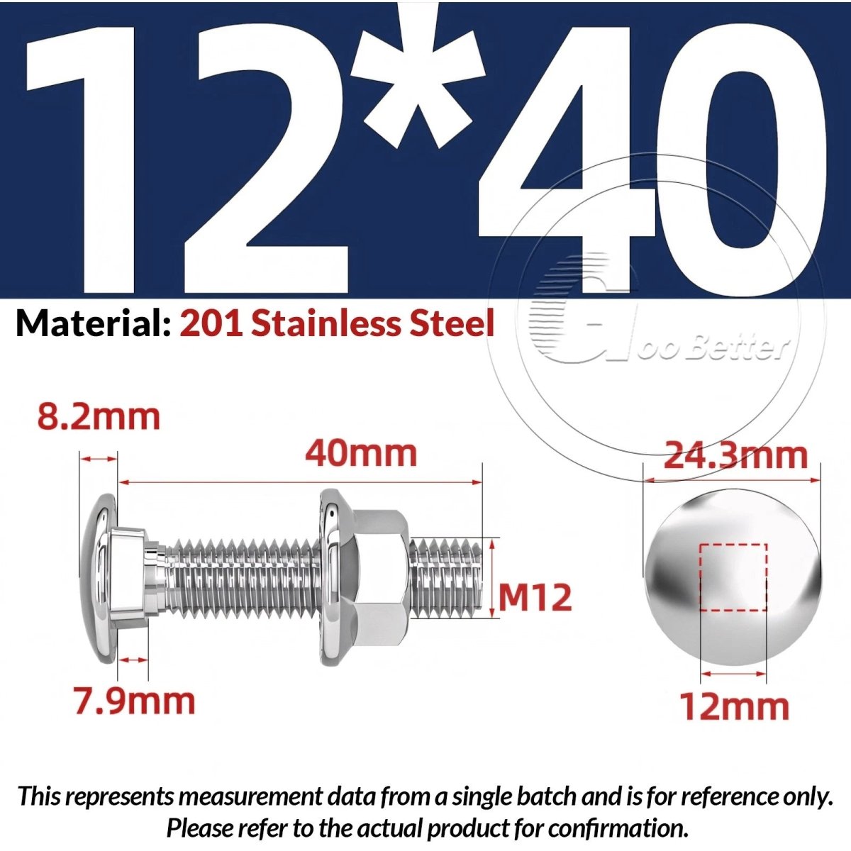 M5–M12 Carriage Bolts with Nuts | Cup Square Domed Head | 201 Stainless Steel - HomeDIYer