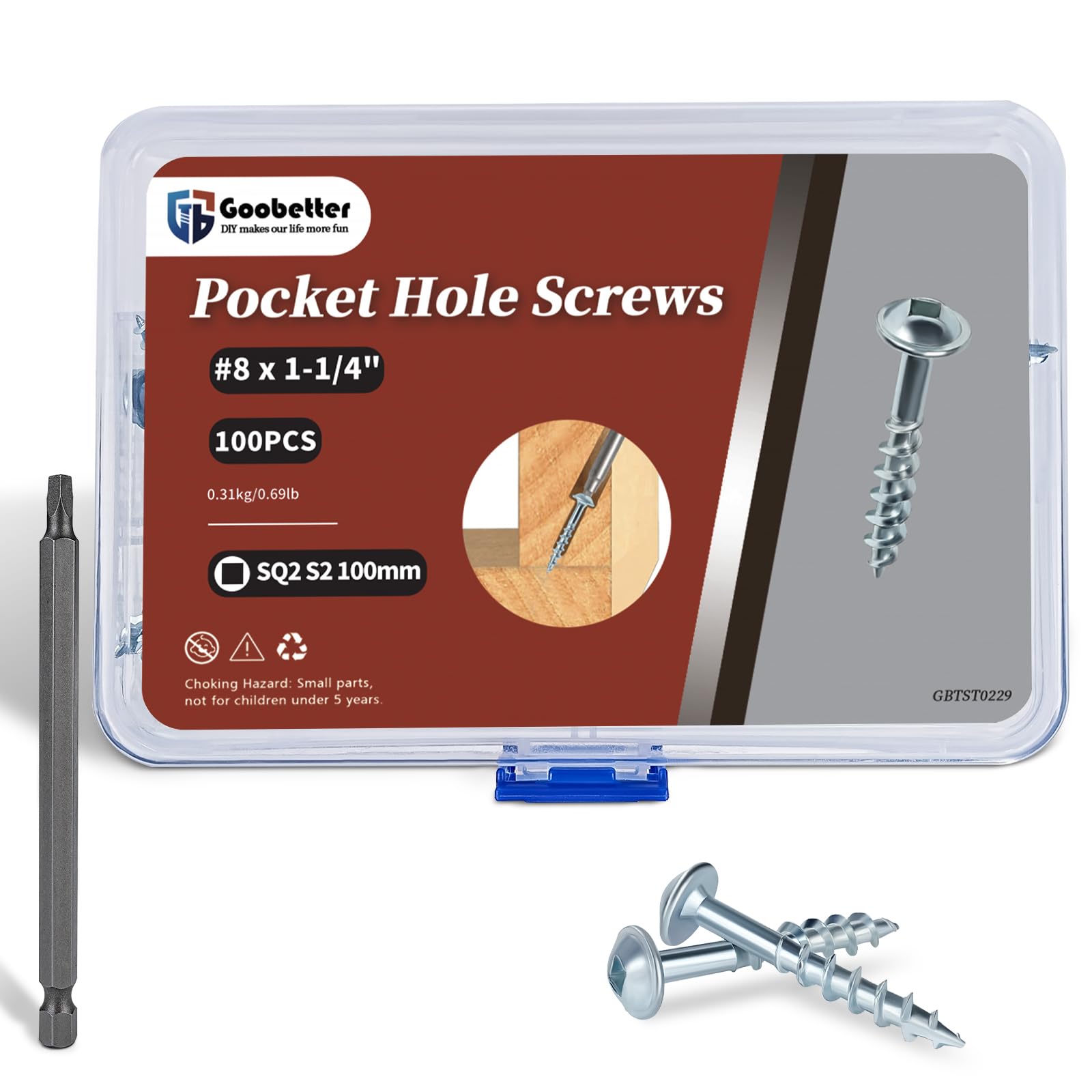 Goobetter 100Pcs 1-1/4" Pocket Hole Screws #8 | Includes Square Drive Bit
