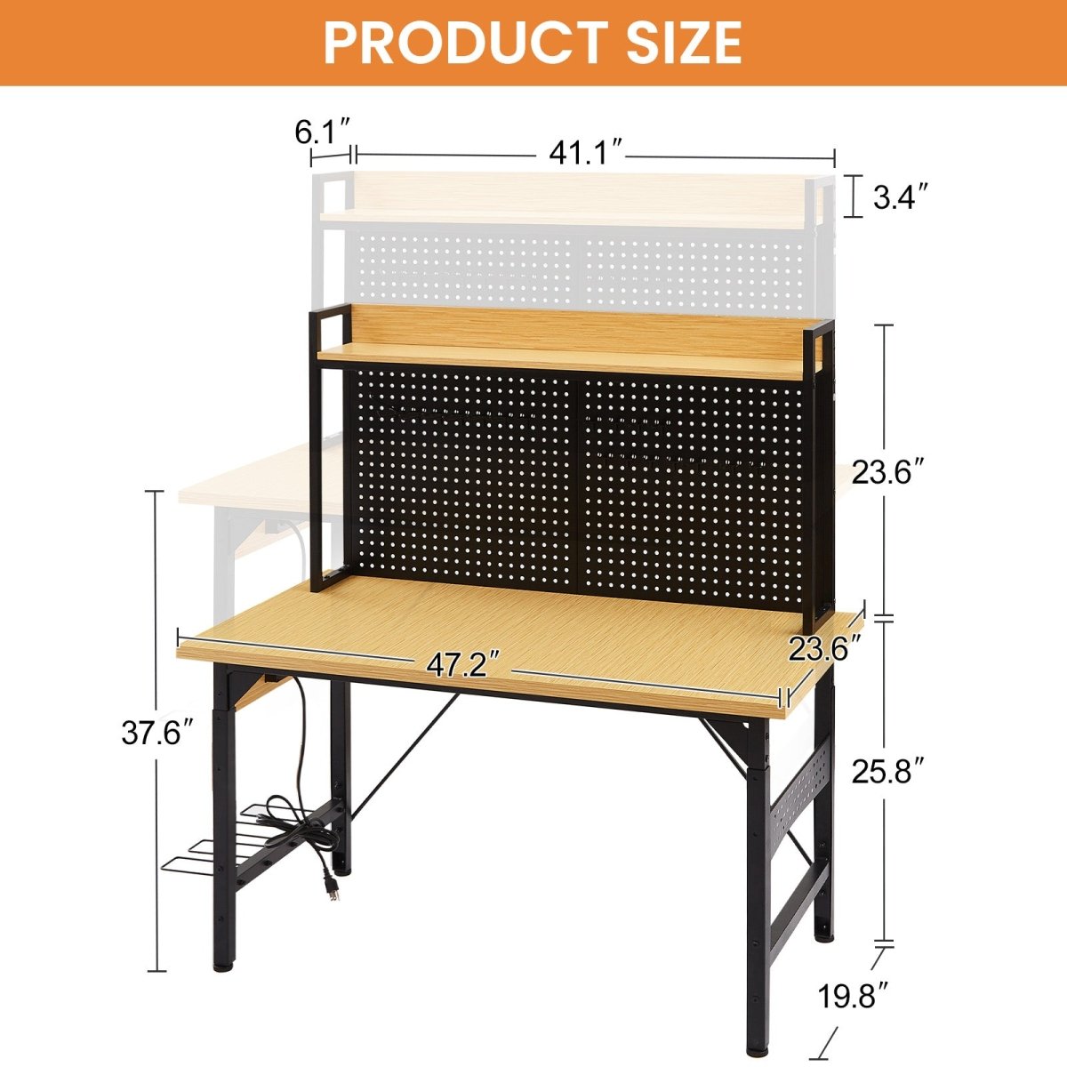 48''Adjustable Workbench with pegboard, Heavy Duty Wooden Desktop Workbench with Wheels, 1600 lb. Load Capacity, Rolling Workbench with AC/USB Outlet, Hooks, Shelf, for Garage, Workshop, Office, Home. - HomeDIYer