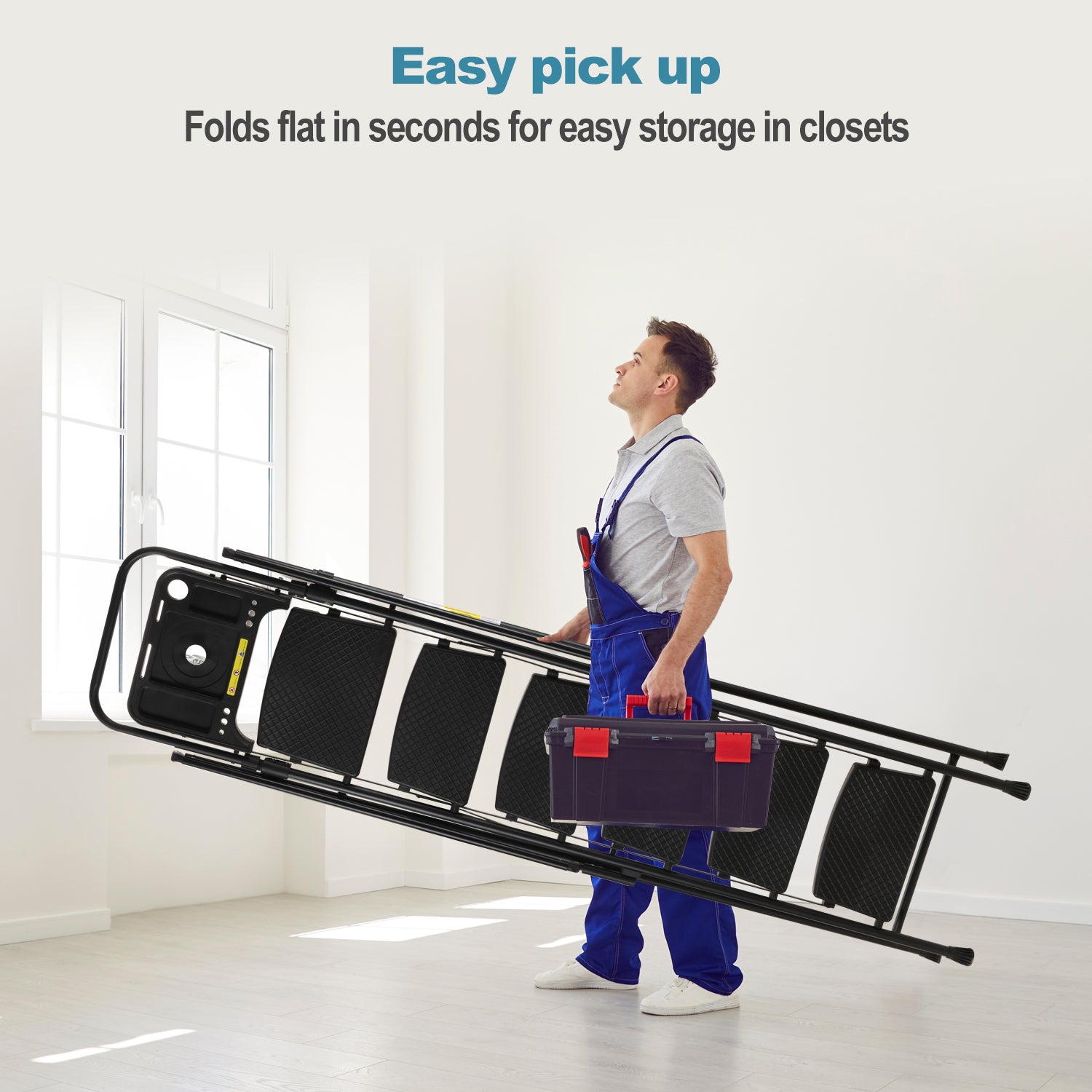 Folding step stool with bandwidth anti slip pedals and tool trays, lightweight and portable steel step stool, perfect for kitchen and home, indoor and outdoor use, sturdy steel steps (6 levels)