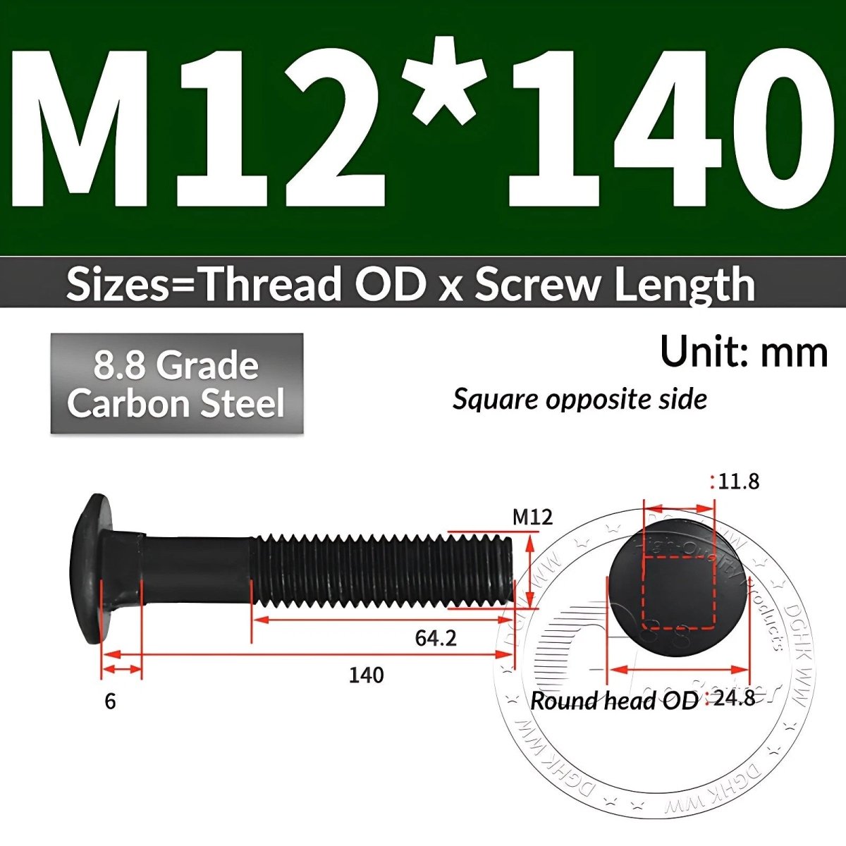 Black 8.8 Grade Steel Carriage Bolts | Cup Square Dome Head | M6–M24 - HomeDIYer