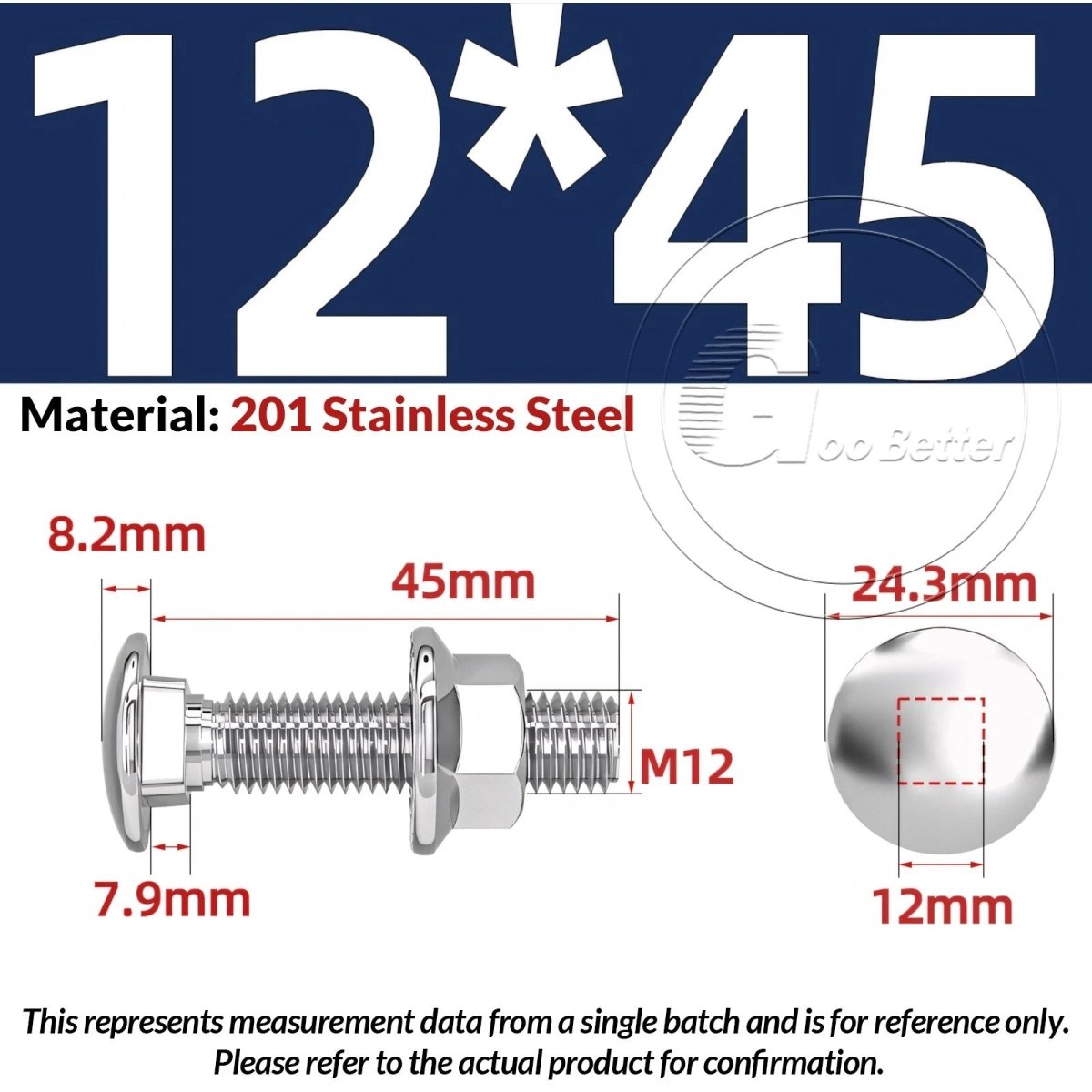 M5–M12 Carriage Bolts with Nuts | Cup Square Domed Head | 201 Stainless Steel - HomeDIYer