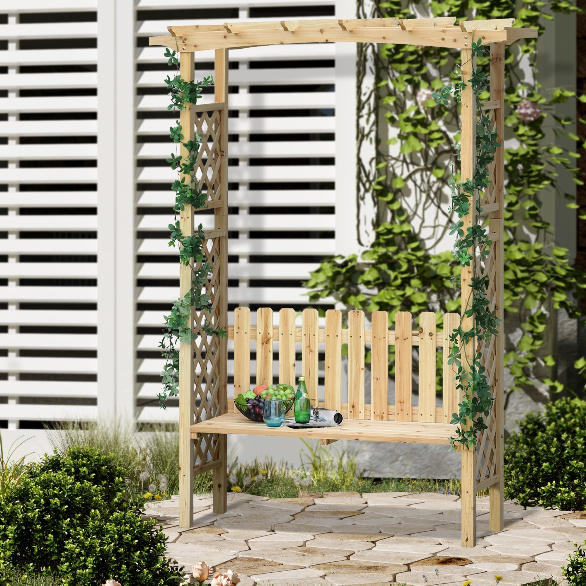 Outsunny Wooden Garden Arbor for Climbing Plants with Garden Bench, Garden Arch to Grow Grapes & Vines, Patio Decor & 2-Person Outdoor Wood Decorative Seating, Natural
