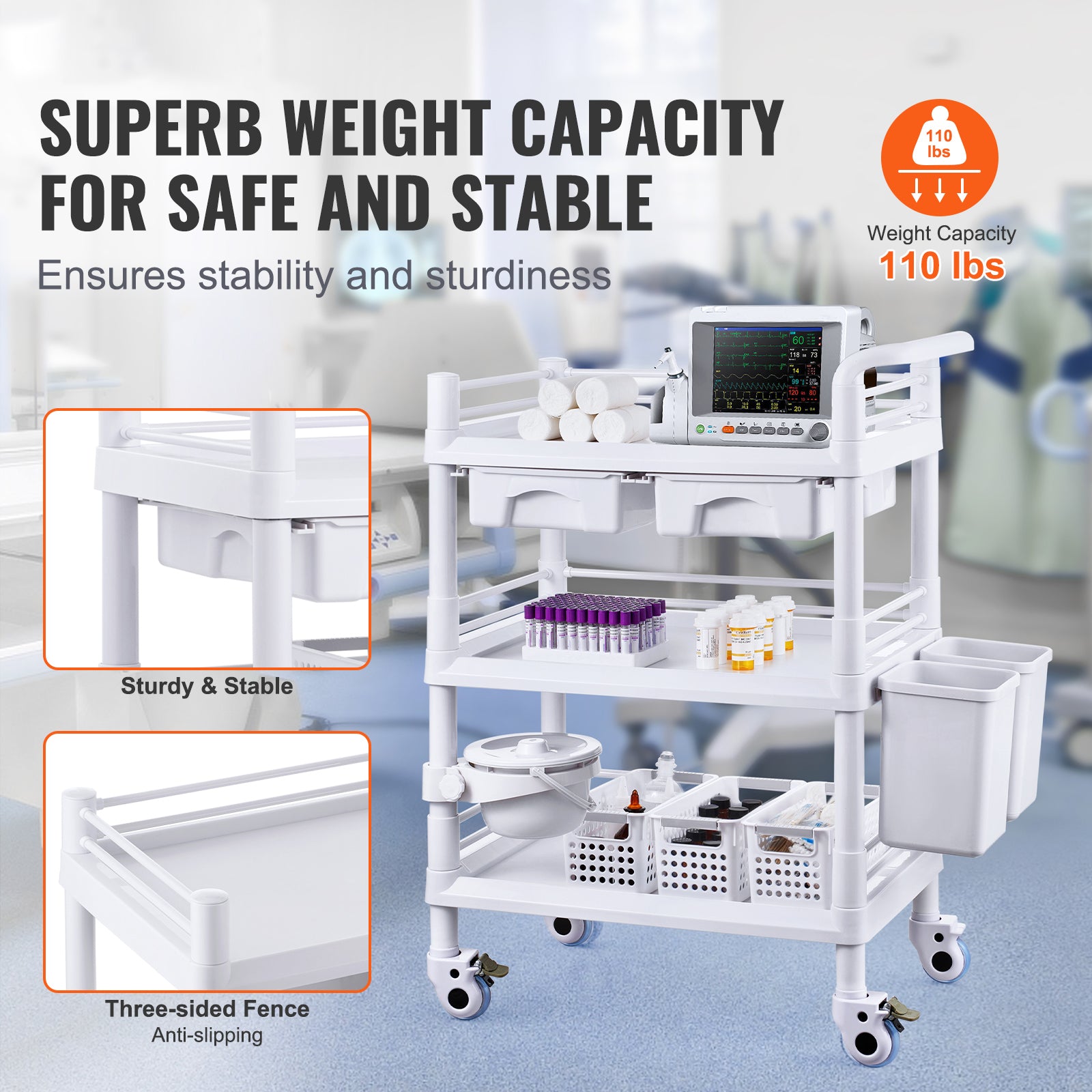 3 Tiers Lab Carts Mobile Medical Cart with 3 Trays & 3 Trash Cans White, Trolley Storage Cart with PP Material, Lab Rolling Cart with 4 Silent Wheels for Lab, Clinic, Hospital, Salon, Office