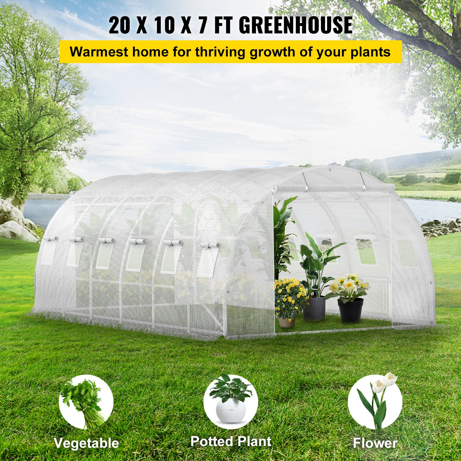 20ft x 10ft x 7ft Walk‑In Tunnel Greenhouse — Galvanized Steel Frame Roll‑Up Windows & Zippered Doors White