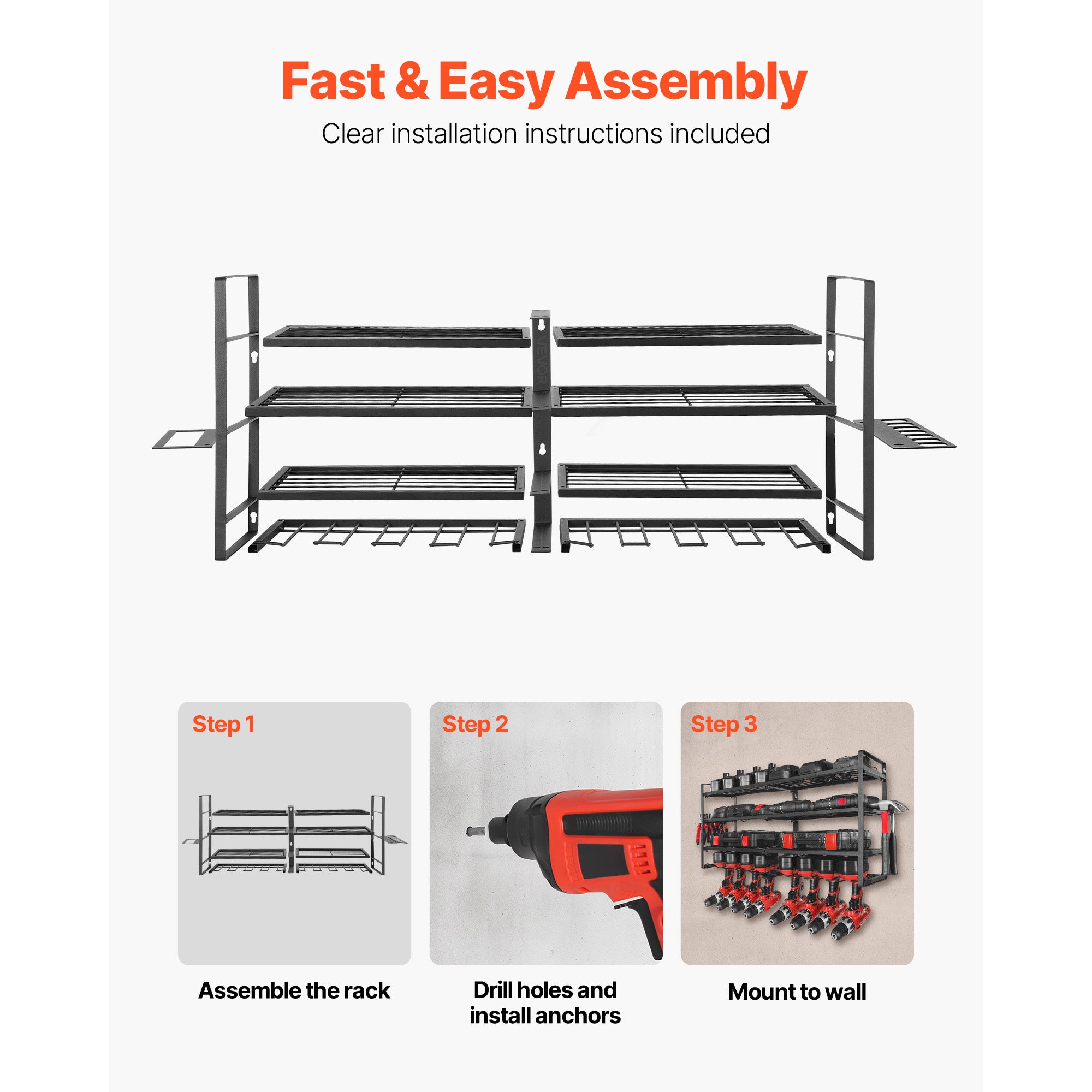 Power Tool Organizer Wall Mount – 4-Layer Storage Rack with 8 Drill Holders & Screwdriver Holder for Garage, Workbench, Workshop