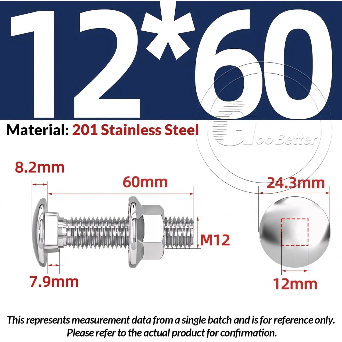 M5–M12 Carriage Bolts with Nuts | Cup Square Domed Head | 201 Stainless Steel - HomeDIYer