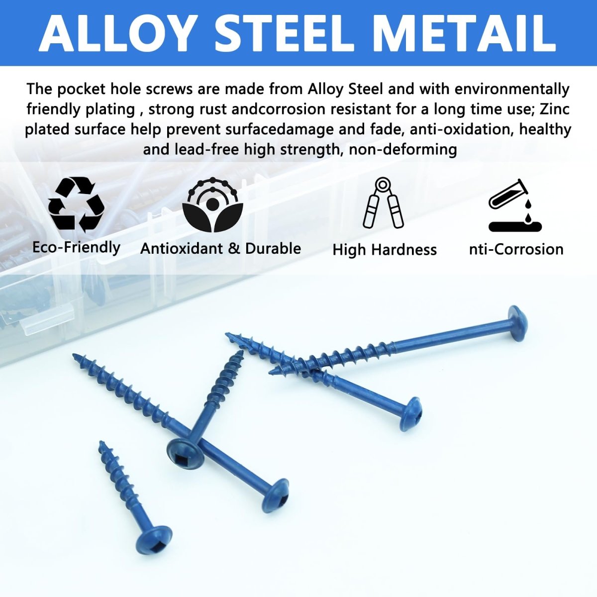 680 PCS Pocket Hole Screws Assortment Kit, 5 Sizes 8 x 1, 1 - 1/4", 1 - 1/2", 2", 2 - 1/2",Square Drive Self Tapping Coarse Thread Wood Screws Set, Blue Coated and Zinc Coated, Drive Bit Included - HomeDIYer