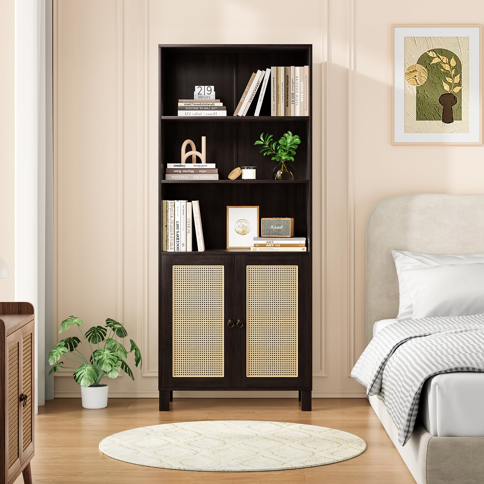 Tall Bookcase with Rattan Doors,5 Tier Storage Wood Shelves Large Bookshelf for Library Living Room Bedroom Home Office,Walnut