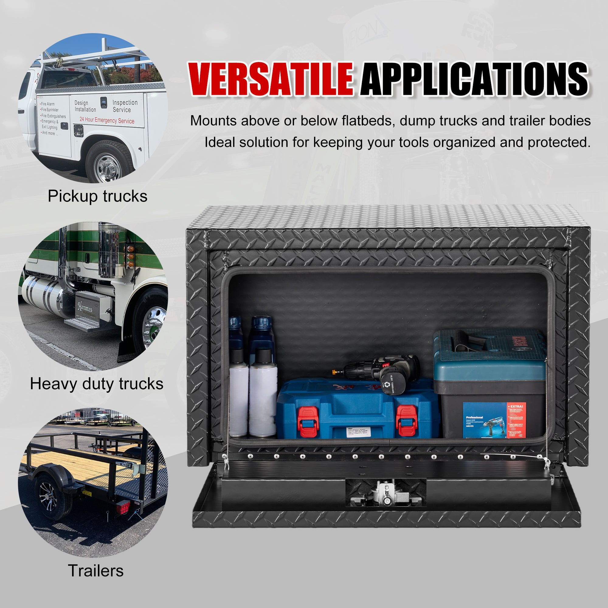 30" Aluminum Underbody Truck Tool Box — Matte Black Diamond Plate, Waterproof & Lockable