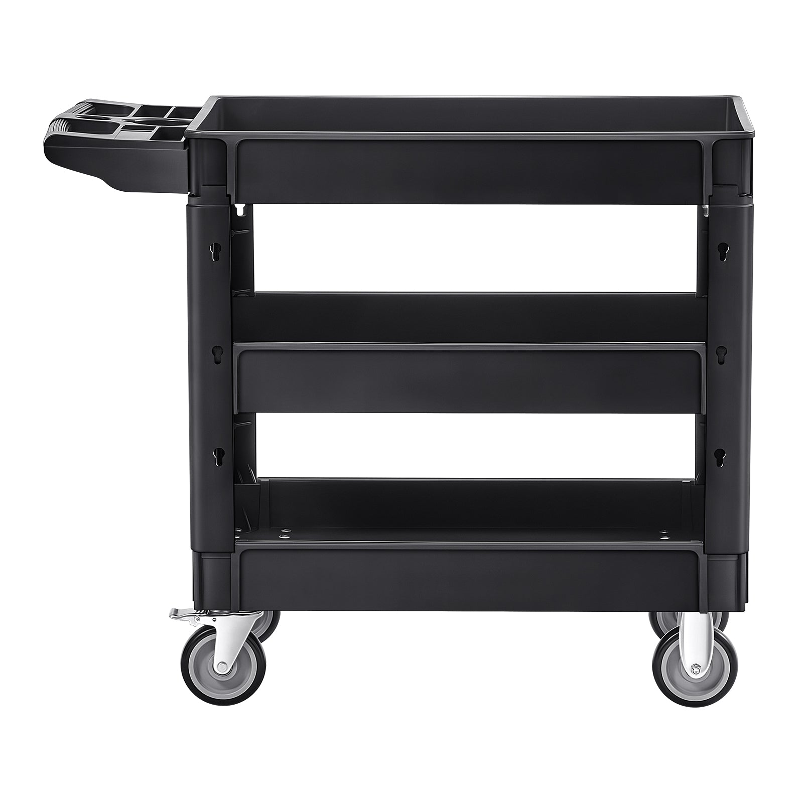 Utility Service Cart, 3 Shelf 550LBS Heavy Duty Plastic Rolling Utility Cart with 360° Swivel Wheels (2 with Brakes), Medium Lipped Shelf, Ergonomic Storage Handle for Warehouse/Garage/Cleaning
