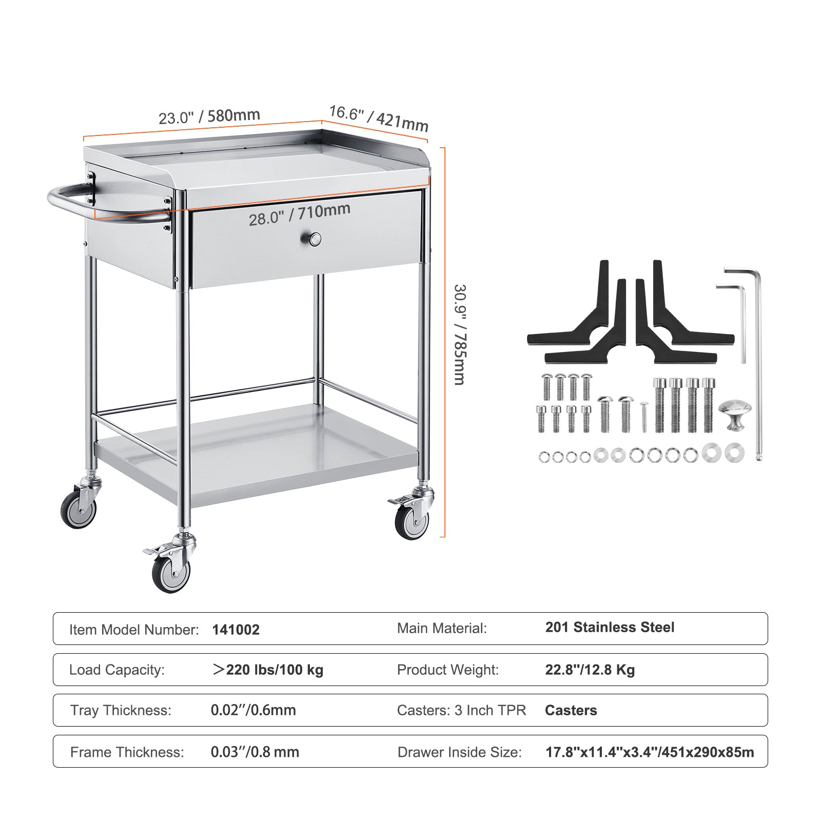 VEVOR Medical Cart, 2-Layer Stainless Steel Cart 220 lbs Weight Capacity, Lab Utility Cart with 360° Silent Wheels and a Drawer for Lab, Clinic, Kitchen, Salon
