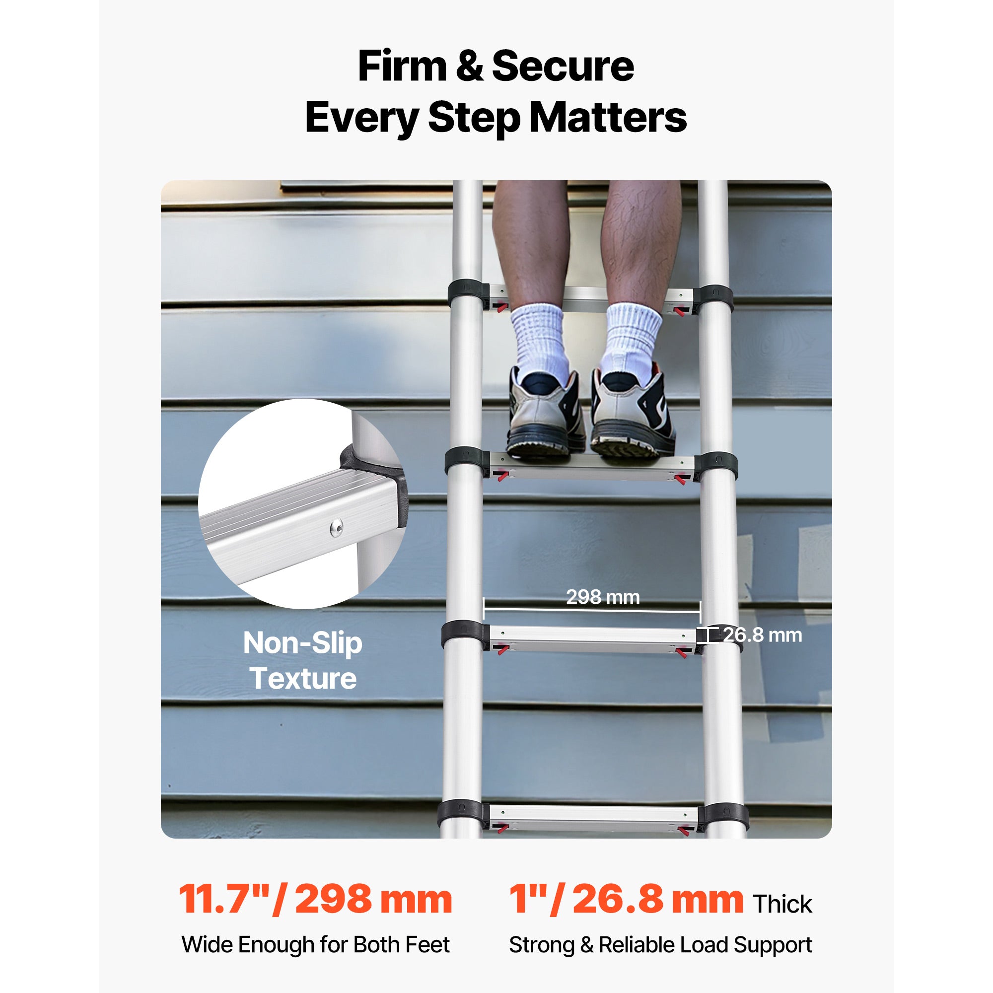 12.5FT Telescoping Aluminum Ladder — 330 lb Capacity, One‑Touch Retraction, Widened Steps, Silver