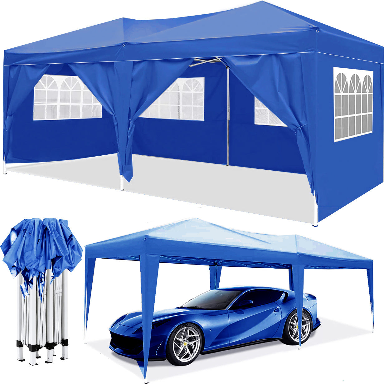 10x20 Ft EZ Pop-Up Canopy Tent, 6 Sidewalls, Adjustable Height, UPF 50+, Blue