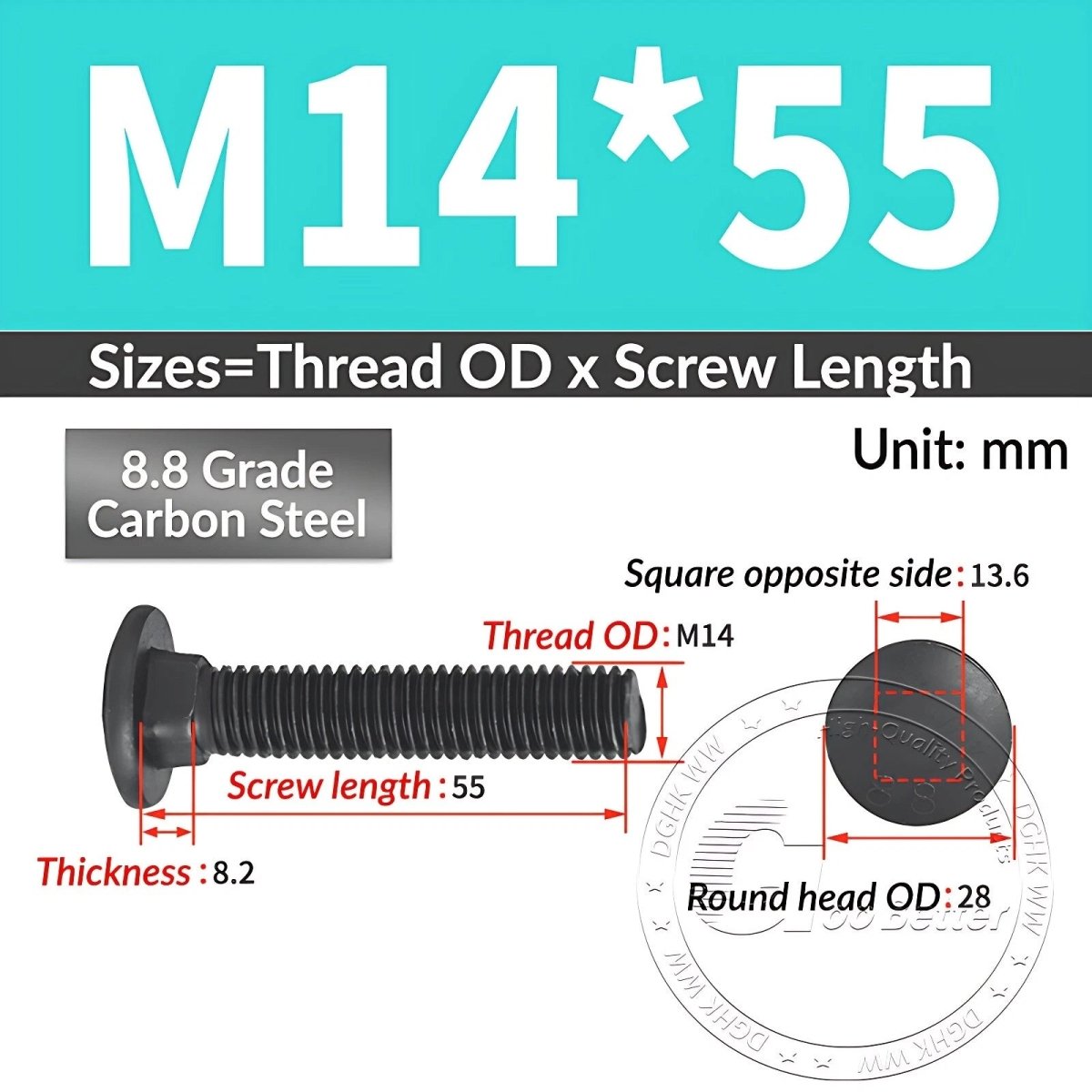 Black 8.8 Grade Steel Carriage Bolts | Cup Square Dome Head | M6–M24 - HomeDIYer