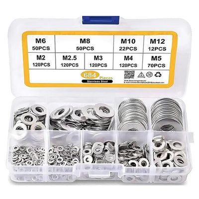 684Pcs Stainless Steel Flat Washers Kit Assorted Size M2 to M12 for Screws Bolts