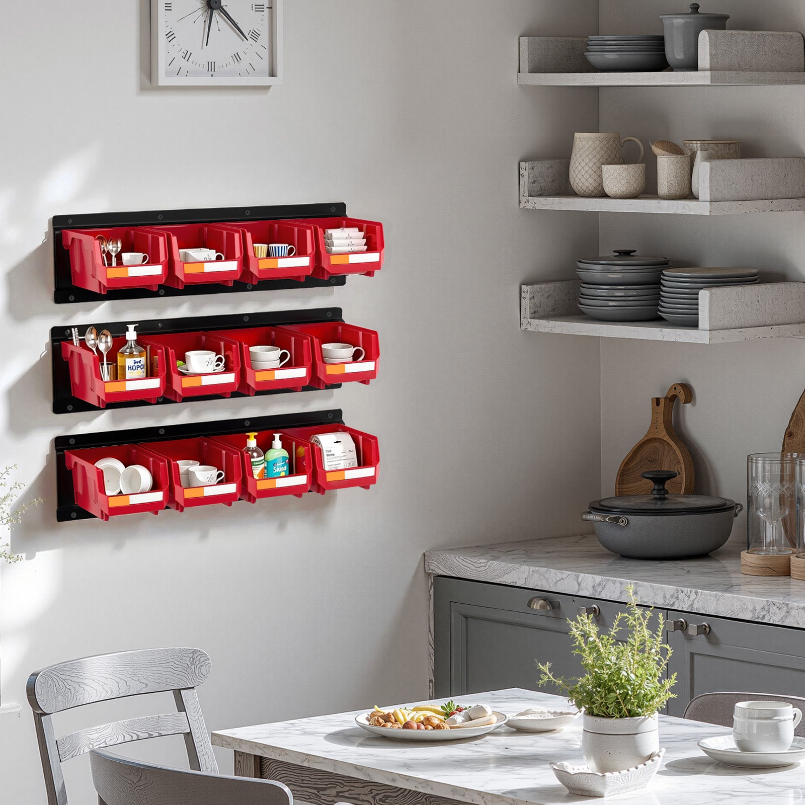 Wall Mounted Storage Bins – 12 Plastic Bins & 3 Metal Rails for Screws, Nuts, Bolts – Hardware Tool Organizer for Workshop, Craft Room, Garage (Red)
