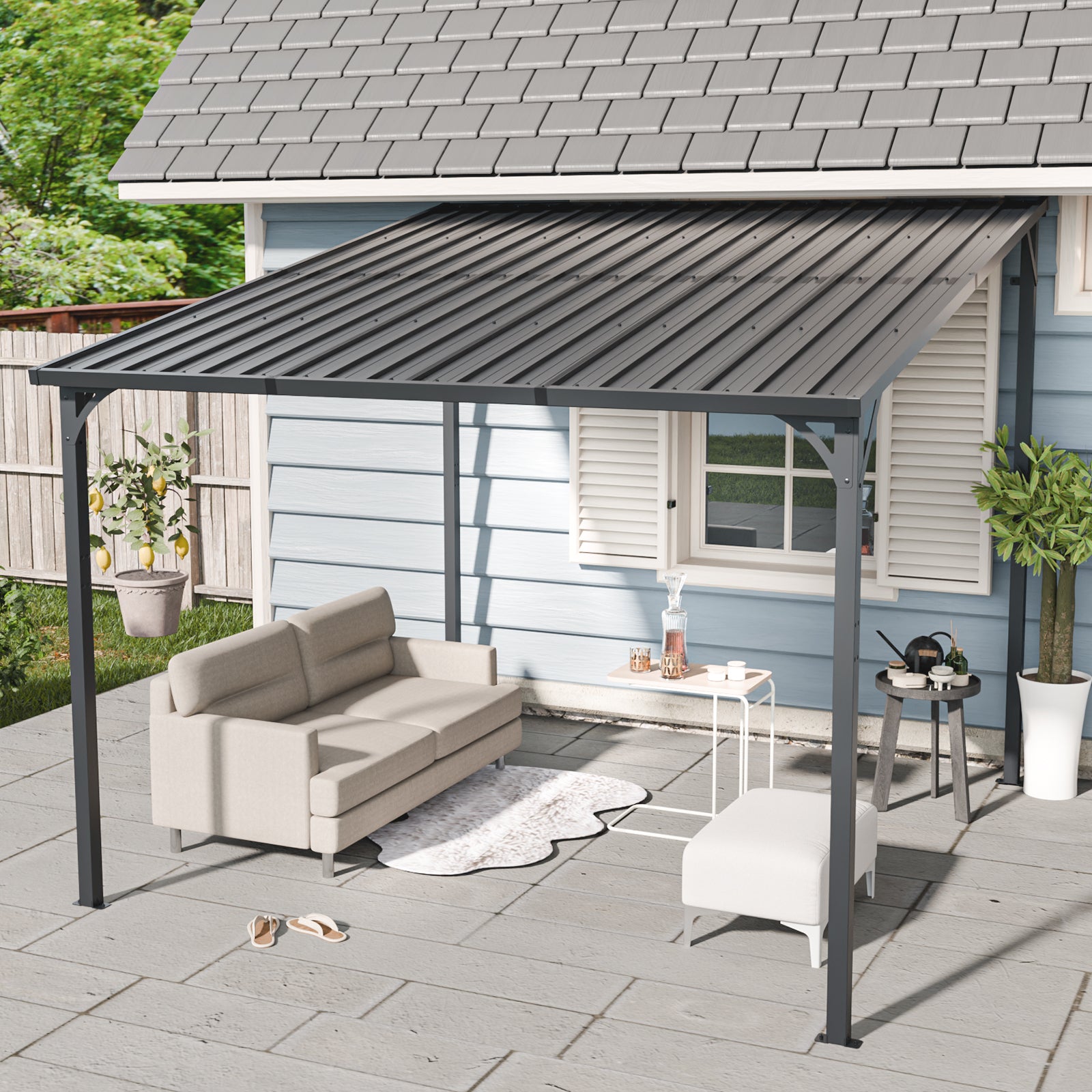10x10 FT Wall-Mounted Hardtop Gazebo Pergola, Galvanized Steel Lean-To, Black