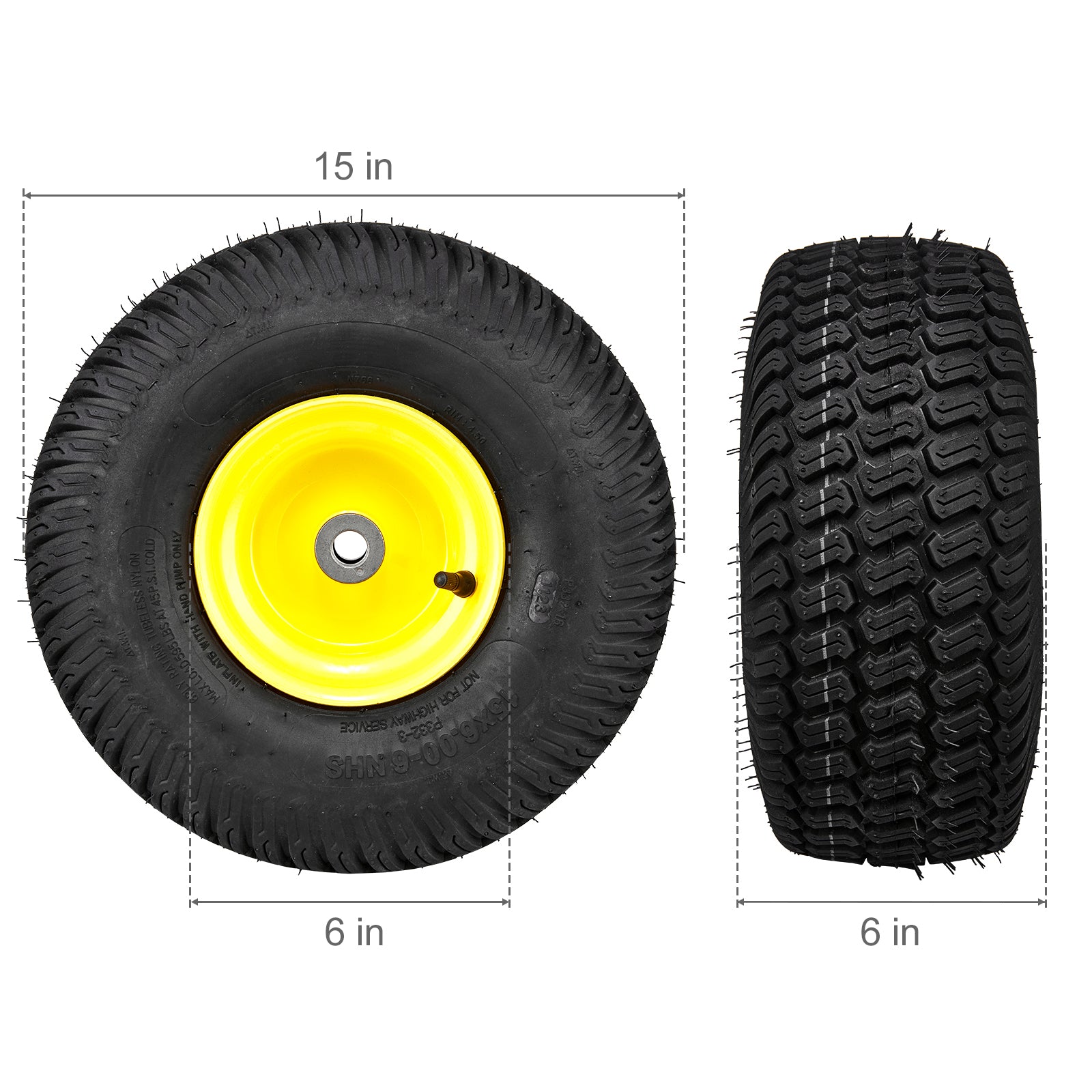 2-Pack 15x6-6" Tubeless Tractor Tires – S-Turf Pneumatic, 3" Offset Hub, 595 LB Capacity, 16 Adapters