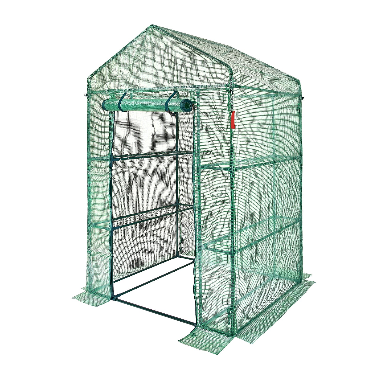 4.6ft x 2.4ft x 6.7ft Walk‑In Greenhouse with 4 Shelves — High‑Strength PE Cover Roll‑Up Door & Steel Frame Green
