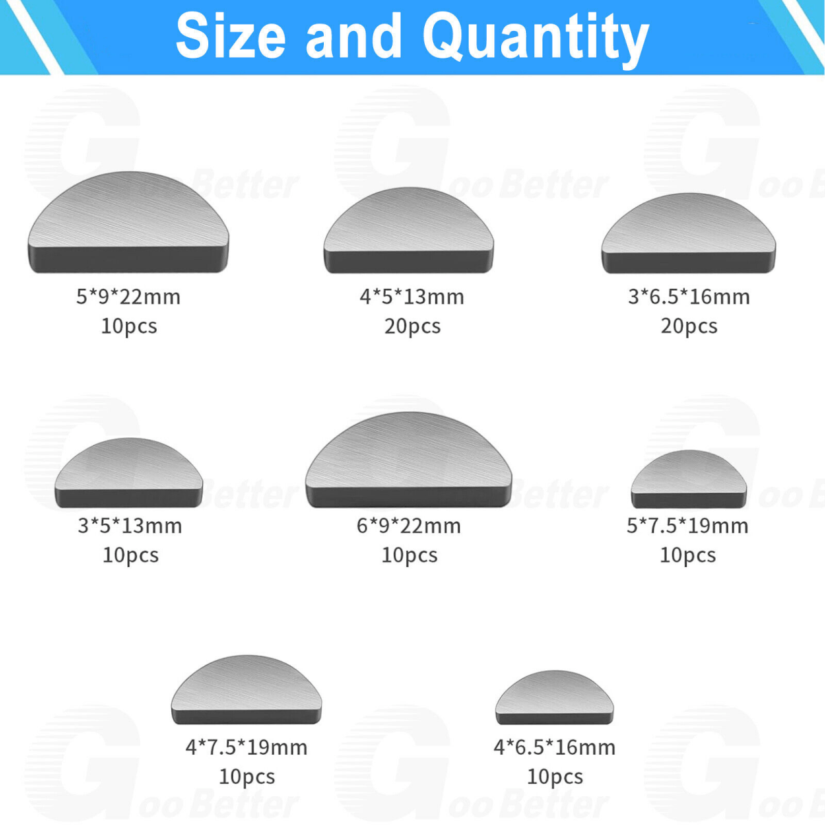 100Pcs Carbon Steel Woodruff Keys Half Moon Assortment Kit Semicircle 8 Sizes - HomeDIYer