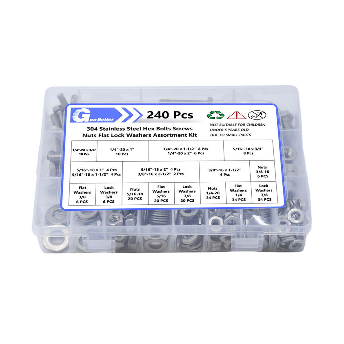 240 Pcs 1/4'' 5/16'' 3/8'' A2 Stainless Steel Hex Bolts Nuts Washers Assortment Kit - HomeDIYer